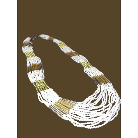 Multi Strand Necklace White Seed Beads Gold Tone Adjustable Statement Bib - Picture 2 of 3